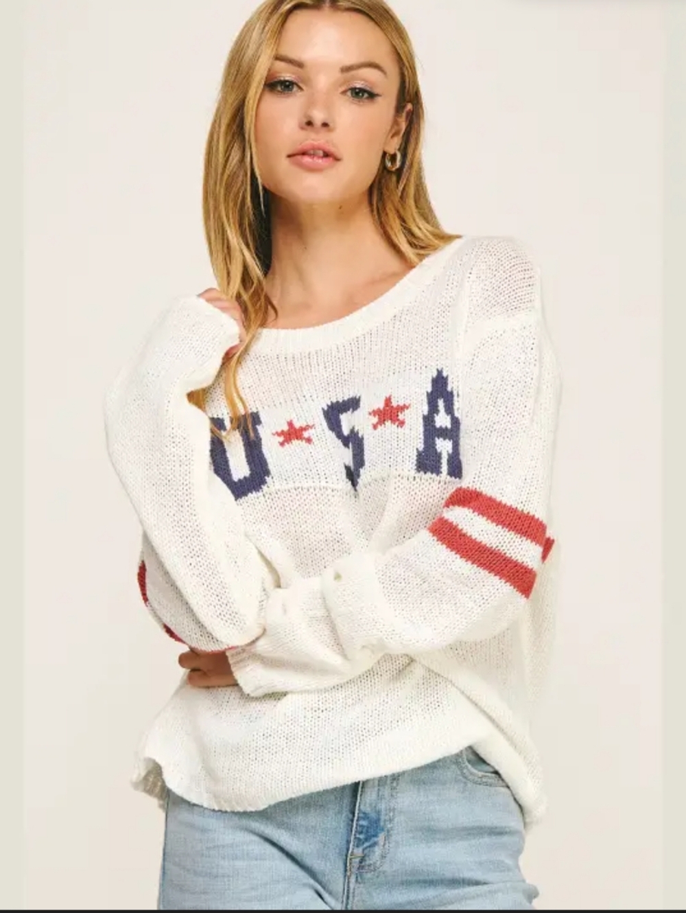 USA Graphic White Crewneck Sweater with Red Stripe Sleeves_M